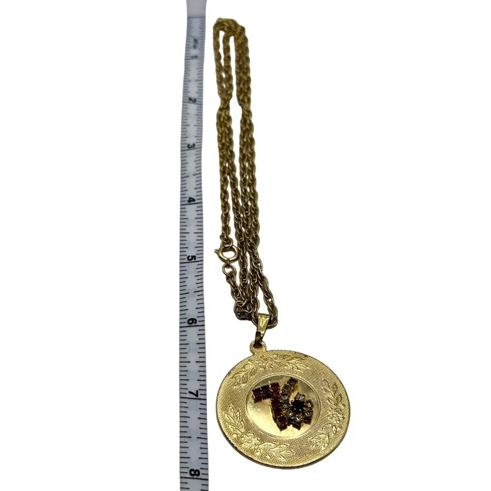 Vintage 1976 Medallion Gold Tone Red White Blue Stones 24" Chain Necklace - Picture 5 of 6